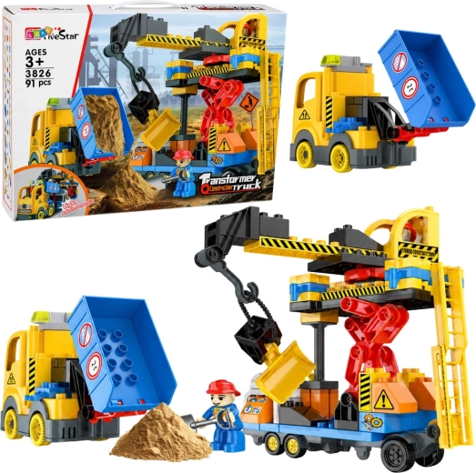 Construction Set: Construction Site with Crane and Dump Truck, 91 Pieces