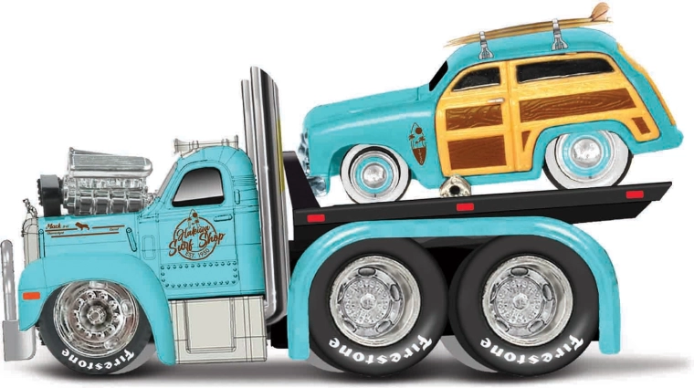 Maisto Muscle Transports 1953 Mack B-61 kamion s ravnom platformom s 1950 Ford Woody 1:64