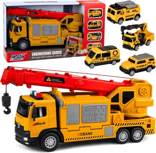 Žuti kamion s dizalicom i transporterom vozila sa svjetlima i zvukovima (4 mini vozila)
