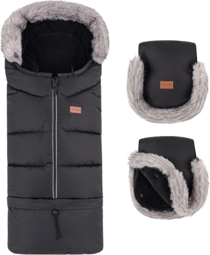 Petite&Mars zimski set: zimska vreća Arctic 4u1 + rukavice za kolica Furry Forever Black