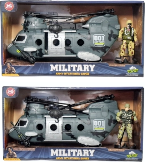 Military transport helicopter with light, sound and a soldier figure