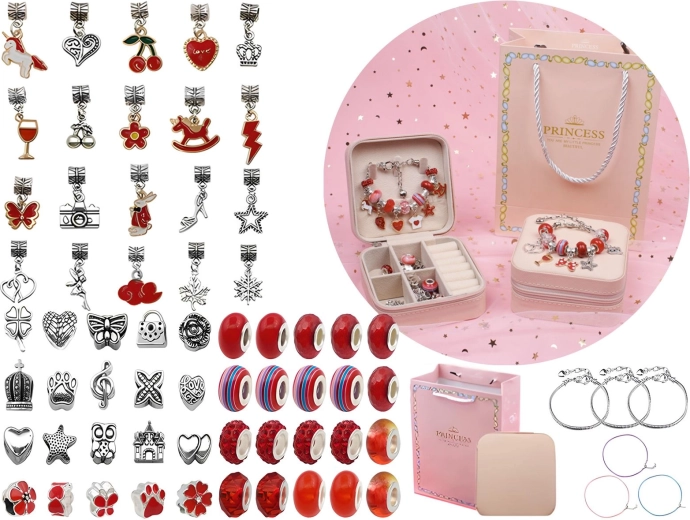 Jewelry and bracelet making set with charms and beads in red shades with a case