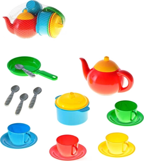 Children’s plastic tea and cooking set in a net bag (16 pcs)