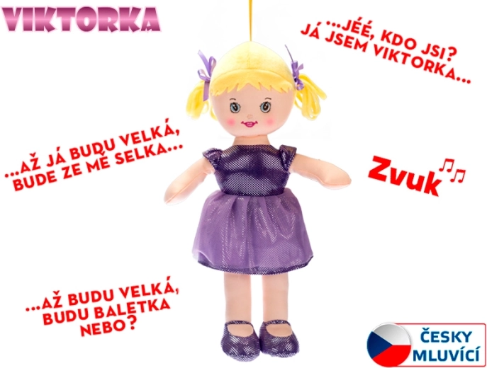 Krpana lutka Viktorka koja govori, 32 cm, ljubičasta