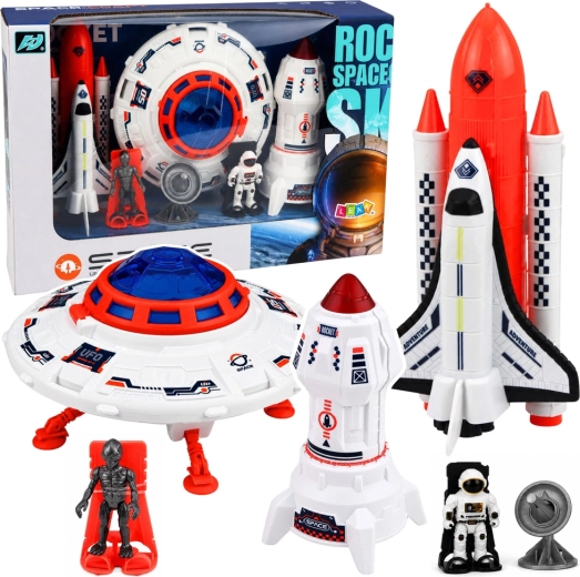 Svemirski set igračaka: UFO, raketa, svemirski šatl, astronaut, izvanzemaljac i antena