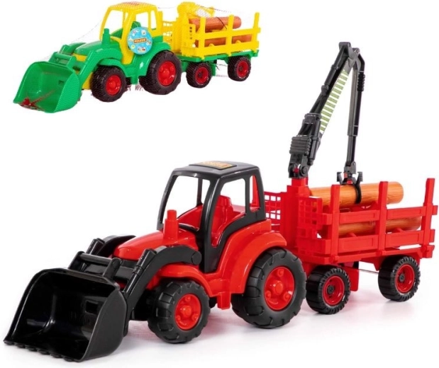 Traktor s prednjom lopatom i šumarskom prikolicom