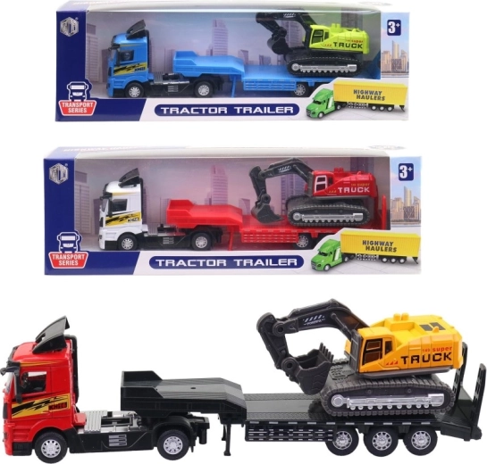 Metalni tegljač s niskopodnim prikolicom i bagerom 26 cm