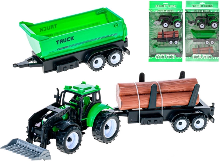 Zeleni traktor s prednjim utovarivačem i 2 izmjenjive prikolice na inercijski pogon