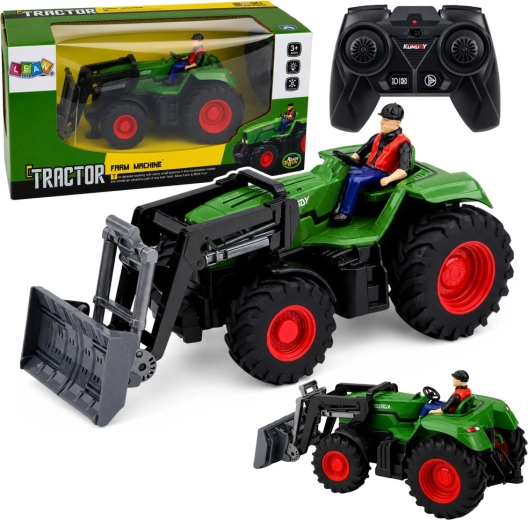 RC traktor na daljinsko upravljanje s prednjim utovarivačem i figurom farmera 1:24