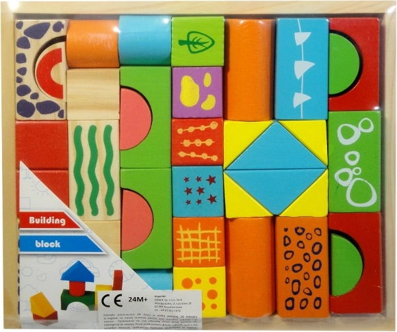 Colorful wooden blocks in a crate