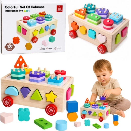 Wooden Montessori shape sorter on wheels