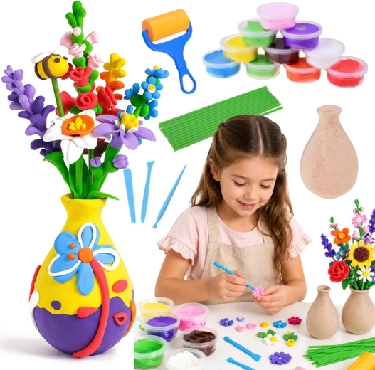 Kreativni DIY set za izradu cvijeća od lagane samosušeće mase s vazom (28 dijelova)