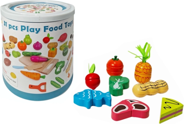 Drveno voće i povrće za rezanje u kanti