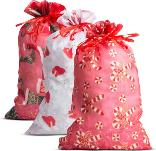 Organza Gift Bags with Christmas Motifs 20 × 30 cm, 12 pcs
