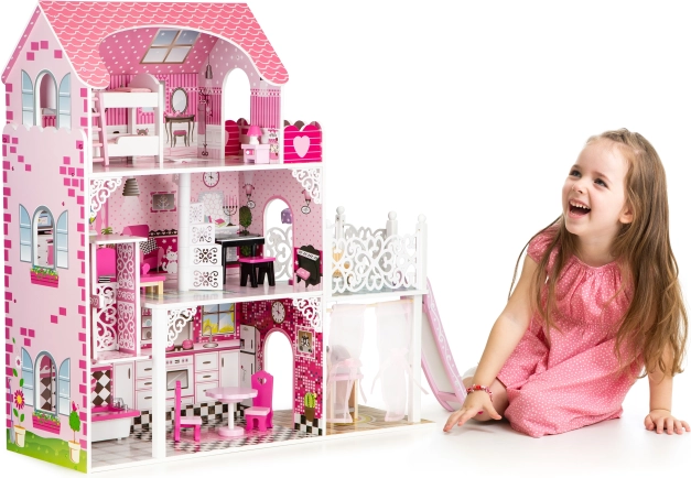 Drvena kućica za lutke sa toboganom