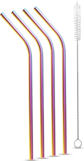 Set of stainless steel straws in titanium rainbow color with cleaning brush, 5 pieces