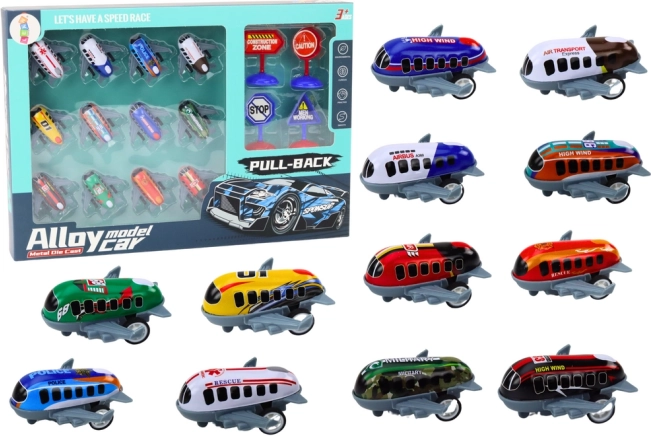 Set od 12 igračaka u obliku aviona s pogonom i prometnim znakovima