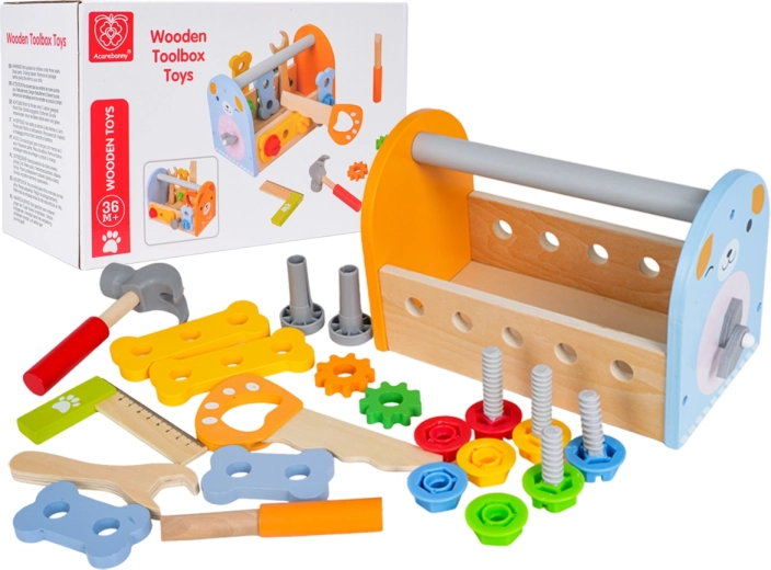 Wooden children’s tool set with box and clock