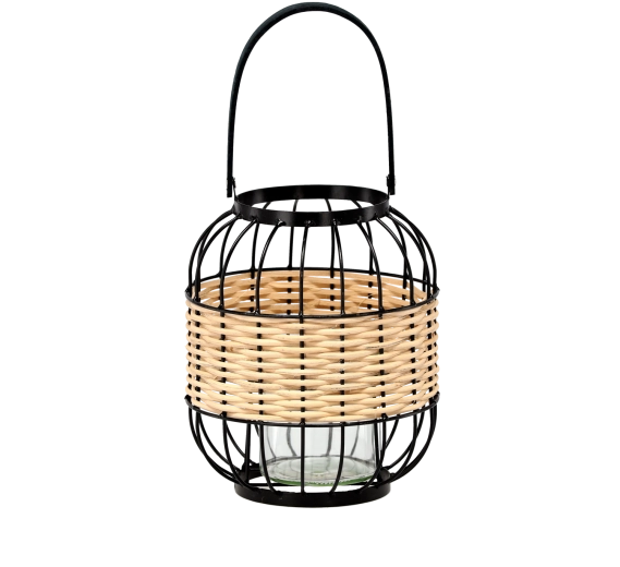 Metalno-drveni lampion sa staklenom čašom, visina 24/39 cm