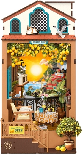 Robotime 3D slagalica – miniatura kućice kao držač knjiga (book nook), zalazak sunca na otoku