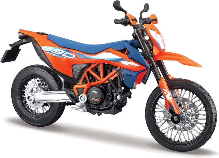 Maisto model motocikla 1:12 KTM 690 SMC R (2023) sa postoljem – narančasto‑plava