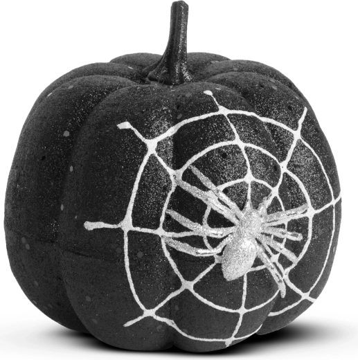 Halloween pumpkin decoration with spider and black glitter, 15 cm