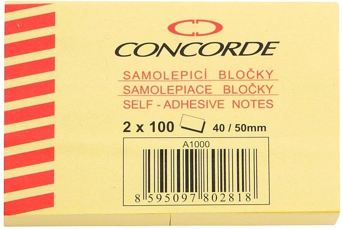 Samoljepljivi blok žuti 40 × 50 mm CONCORDE, 2 × 100 listova