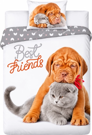 Pamučna posteljina Best Friends sa psićem i mačićem, bijelo-siva, 140 × 200 cm