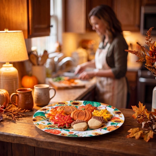 Autumn metal tray with pumpkin design, 33 cm