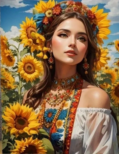 Dijamantno slikanje Slovenka među suncokretima 30 × 40 cm
