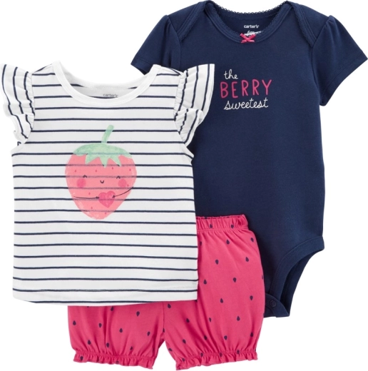 Djevojački 3-dijelni ljetni set STRAWBERRY STRIPES od pamuka (body, majica, kratke hlače)