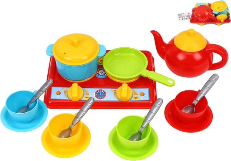 Dječja kuhinjica sa štednjakom i posuđem, 17-dijelni set u mrežici