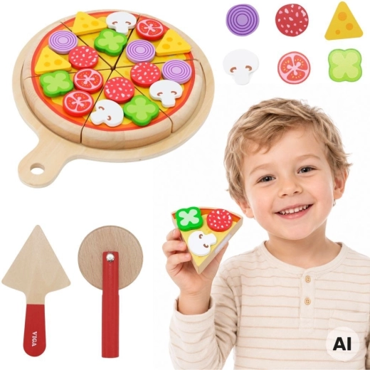 Viga drveni set pizza za rezanje i posluživanje za djecu 27 dijelova 18 mj.+