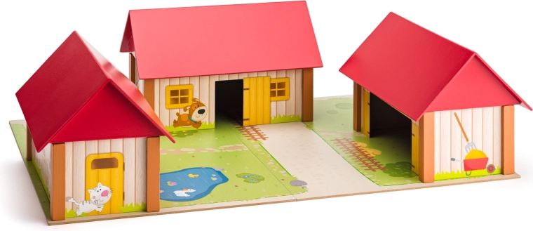 Drveno imanje s tri zgrade i podlogom za igru