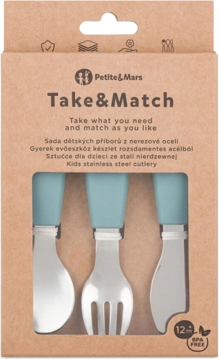 Petite&Mars set dječjeg pribora za jelo od nehrđajućeg čelika Take&Match Frosted Sky 12m+