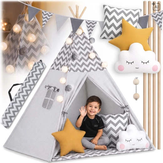 Children's tipi tent with lights Nukido, grey