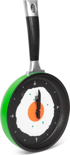 Green Frying Pan-Shaped Wall Clock with Fried Egg