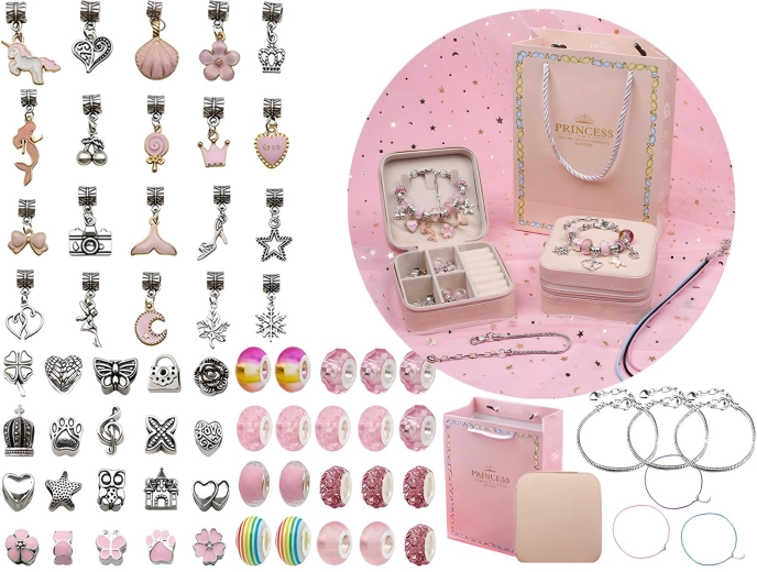Jewelry and bracelet making set with charms and beads in pink shades with a case