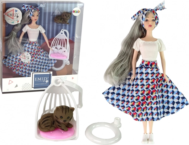 Lutka EMILY sa sivom kosom s mačićem i ljuljačkom