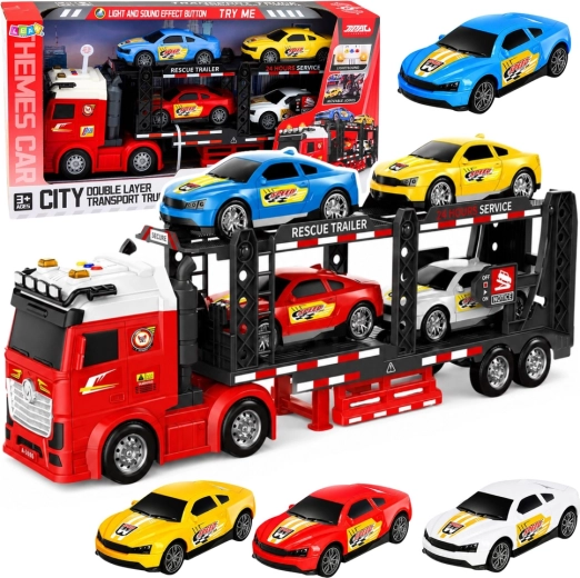 Transportni kamion – autotransporter s 4 sportskih automobila, svjetla i zvukovi