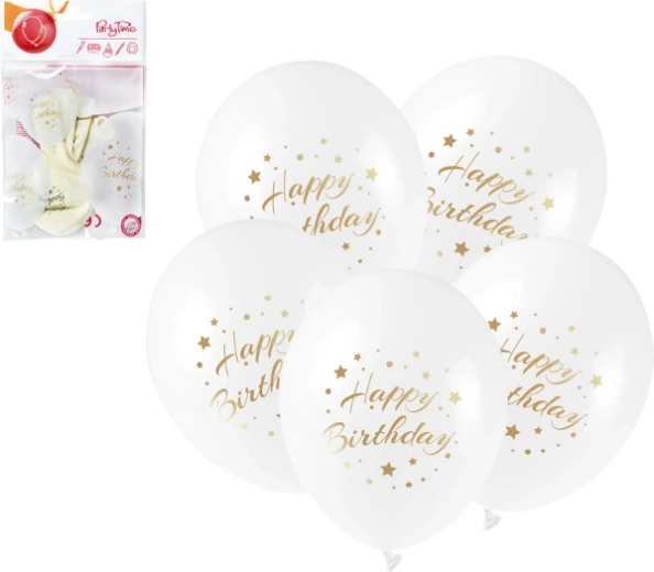 Latex balloons Happy Birthday with gold print 28 cm, 5 pcs