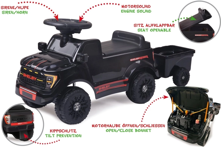 Black Shelby Ford F-150 Raptor Ride-On with Trailer