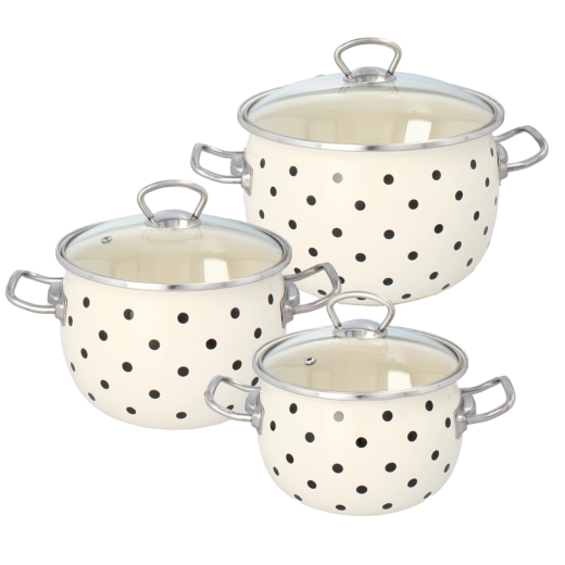 Set od 3 emajlirana lonca s poklopcima, bijele točkice 2,5 l, 3,5 l, 5 l