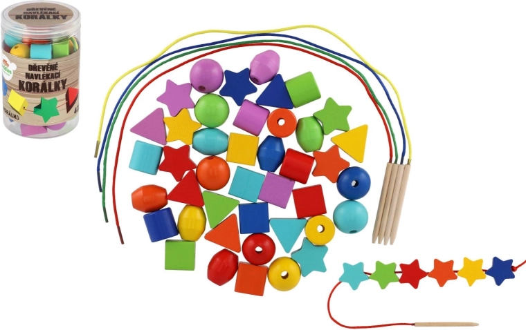 Colorful wooden threading beads with strings in a jar (42 pcs)