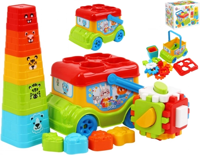 Autobus – slagalica za umetanje i složiva piramida za djecu od 12 mjeseci