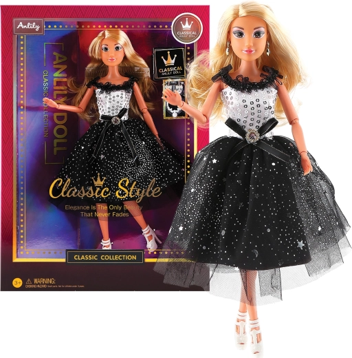 Modna lutka u crno‑bijeloj svečanoj haljini