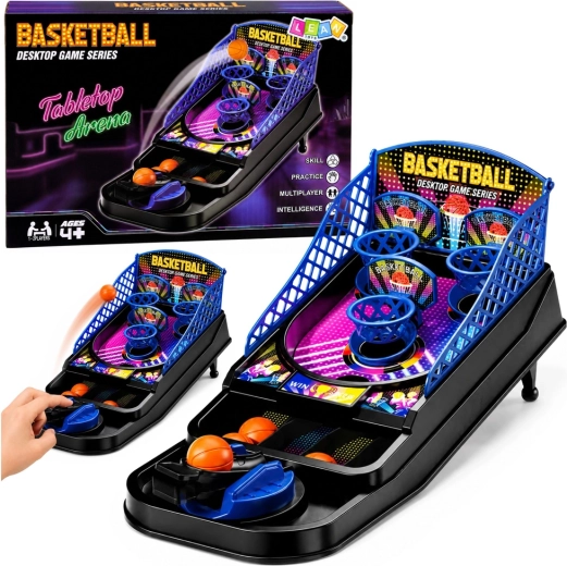 Mini tabletop arcade basketball game with 3 hoops and a ball launcher - 1 piece