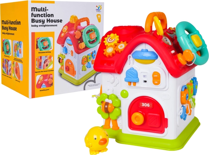 Multifunctional interactive activity house for toddlers with a red roof - 1 piece