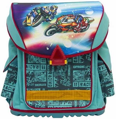 Elite ergonomic extra-light turquoise school satchel with motorcycles