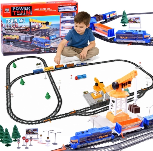 Electric freight train set Power Train World Cargo with station and crane, 670 cm, 59 pieces